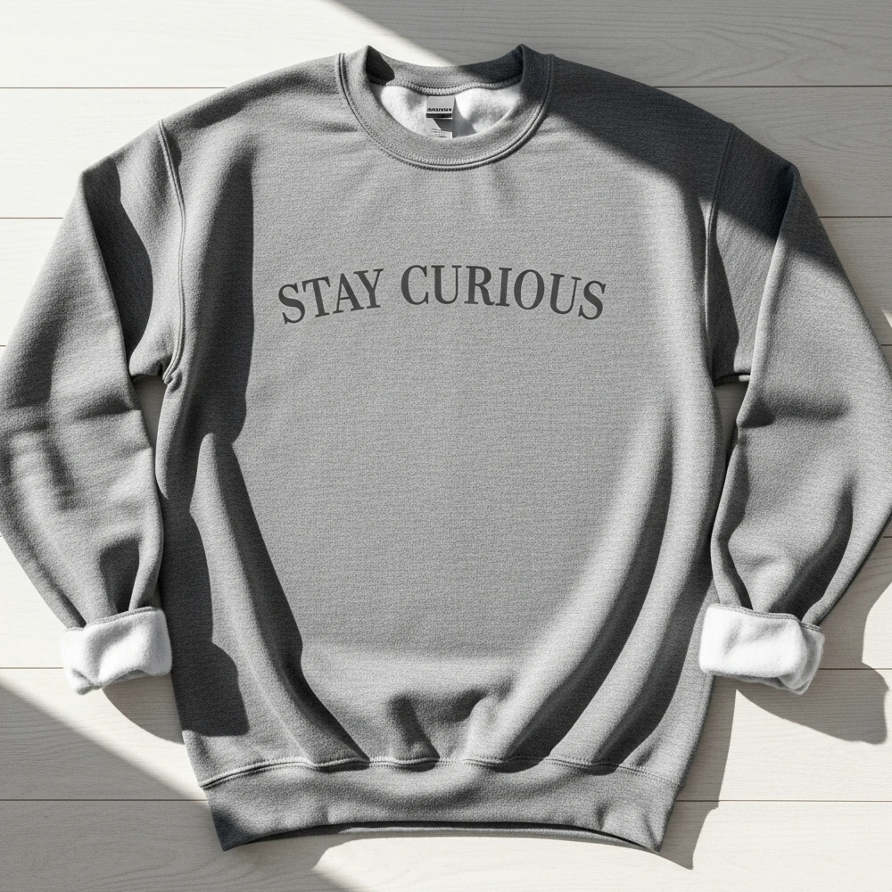 Šedý sweatshirt s decentním nápisem Stay Curious